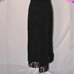 Patricia Wolf designer black soft supple leather western fringe Skirt